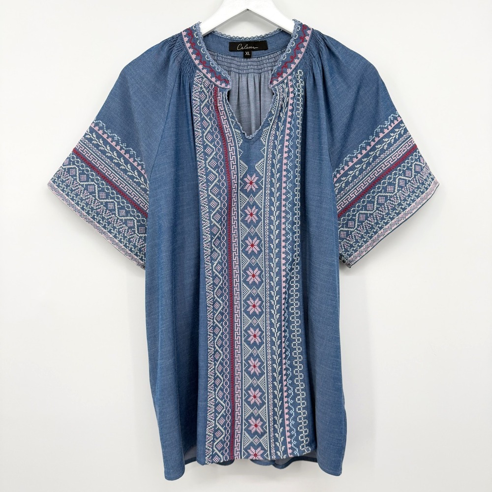 Calessa Tunic Top Shirt Size XL Chambray Denim Embroidered Boho Western Cowgirl